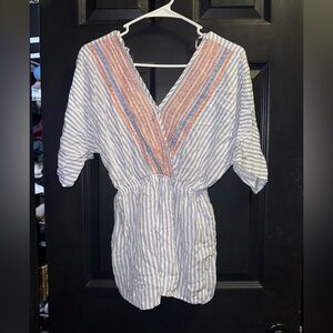 V-neck Romper Size Small Boho blue white and orange  Pin Stripes